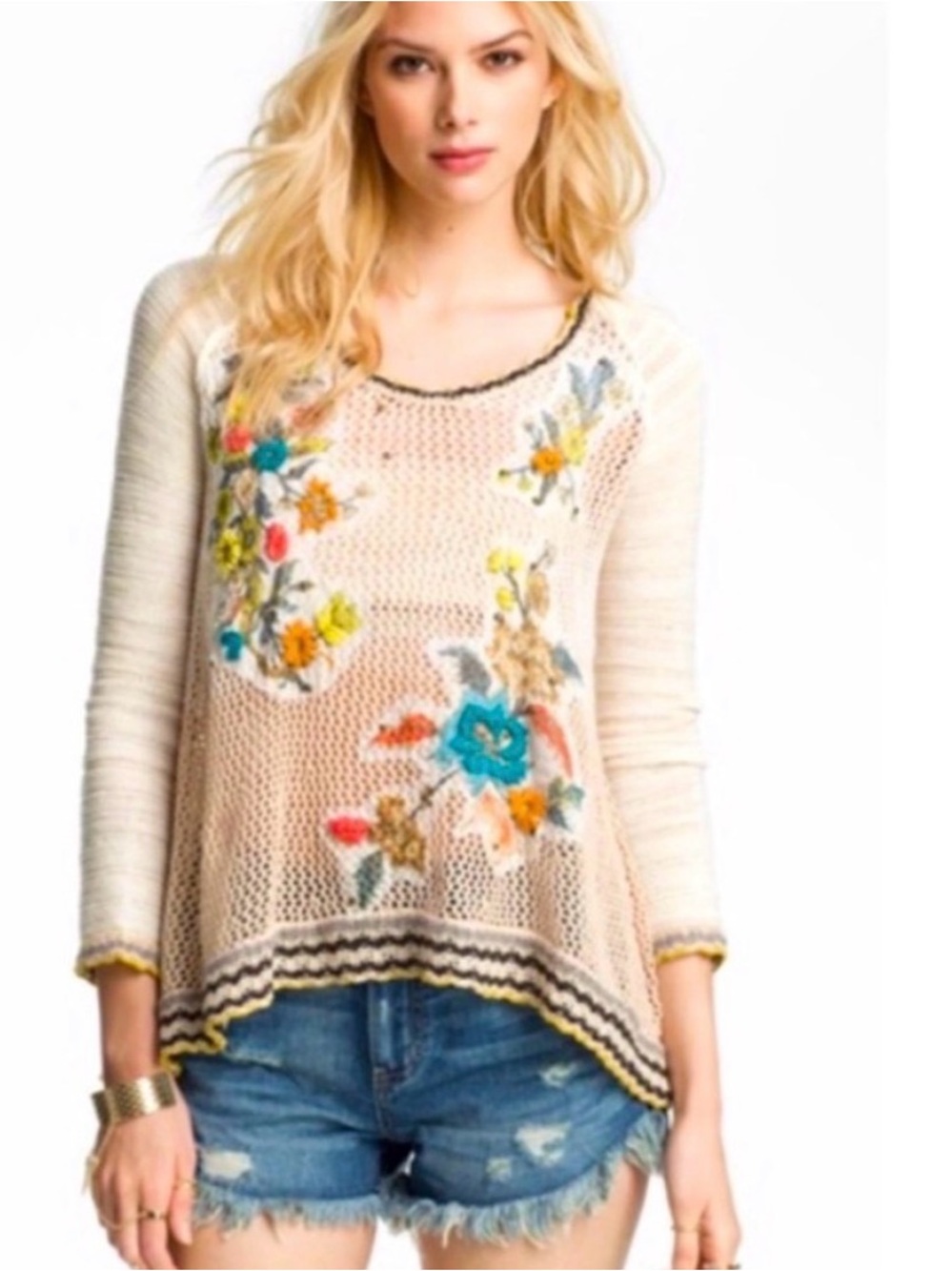 Free People Menagerie Embroidered Crochet Hoodie Tunic M